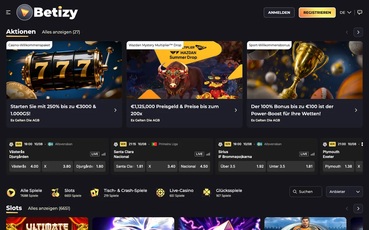 Betizy Casino — Home page, captured from Austria