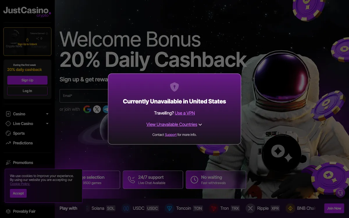 JustCasino.io — «Главная», снято из страны Соединенные Штаты