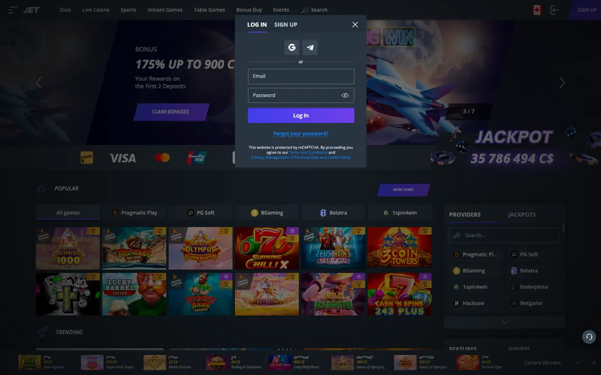 Jet Casino — Sign-up, captured from Canada