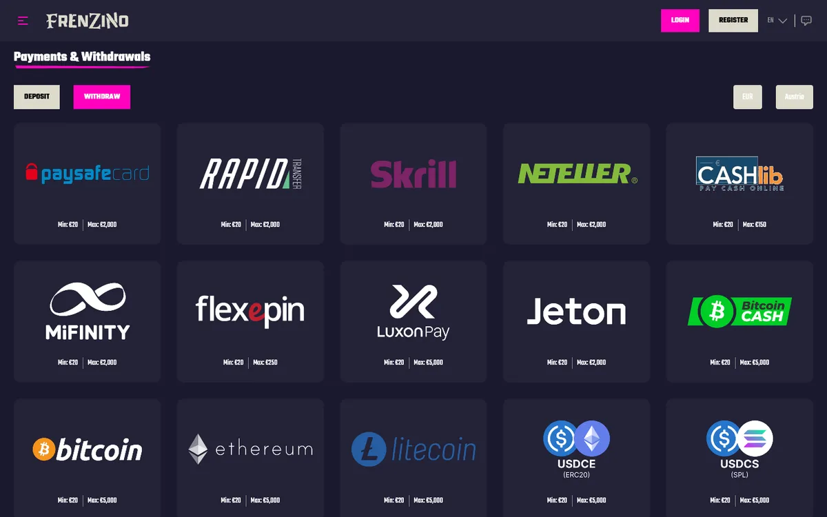 Frenzino Casino — Payments, captured from Austria