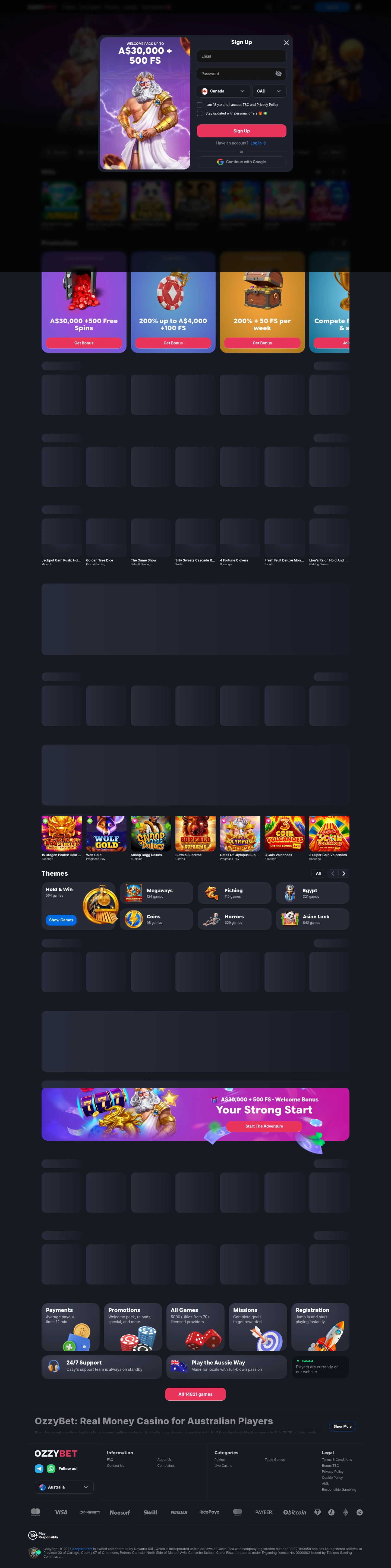Ozzybet Casino — «Регистрация», снято из страны Канада