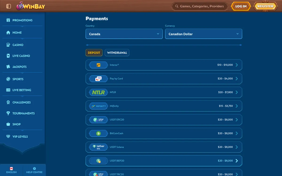 Winbay Casino — Payments, captured from Canada