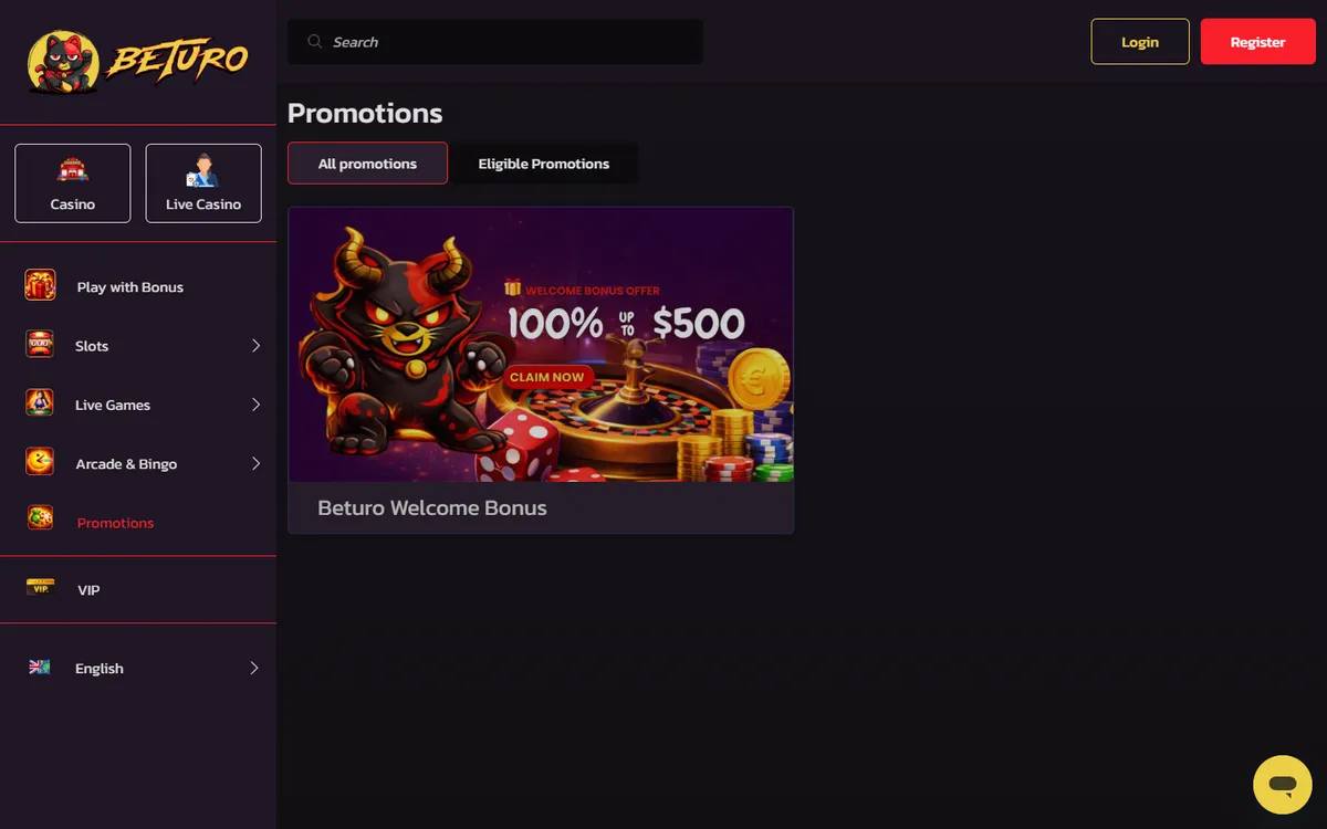 Beturo Casino — Promotions, captured from Canada