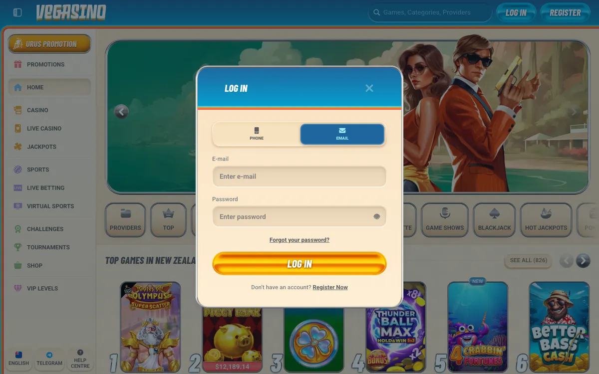 Vegasino Casino — Sign-up, captured from New Zealand
