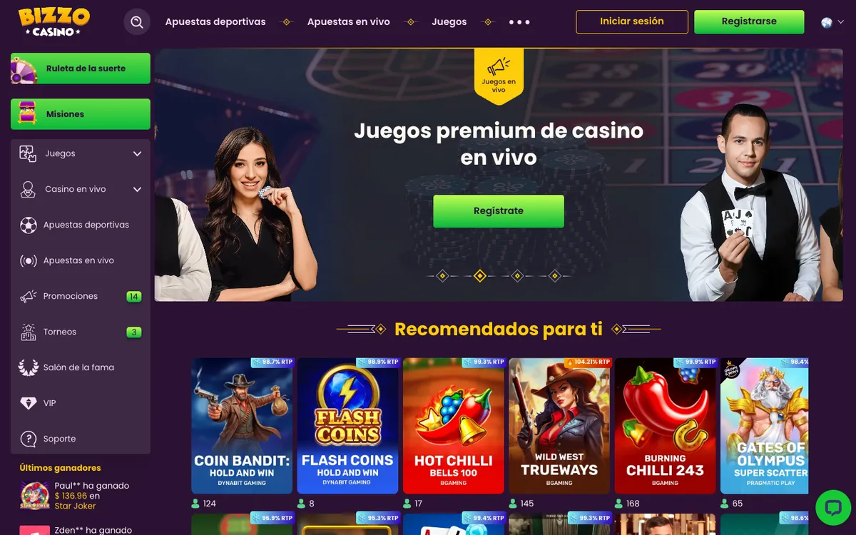 Bizzo Casino — Home page, captured from Mexico