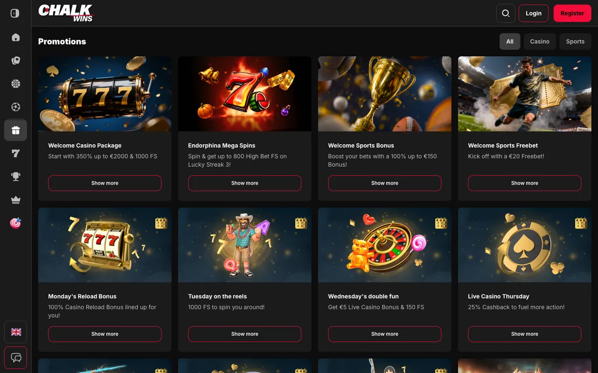 ChalkWins Casino — Promotions, captured from Belgium