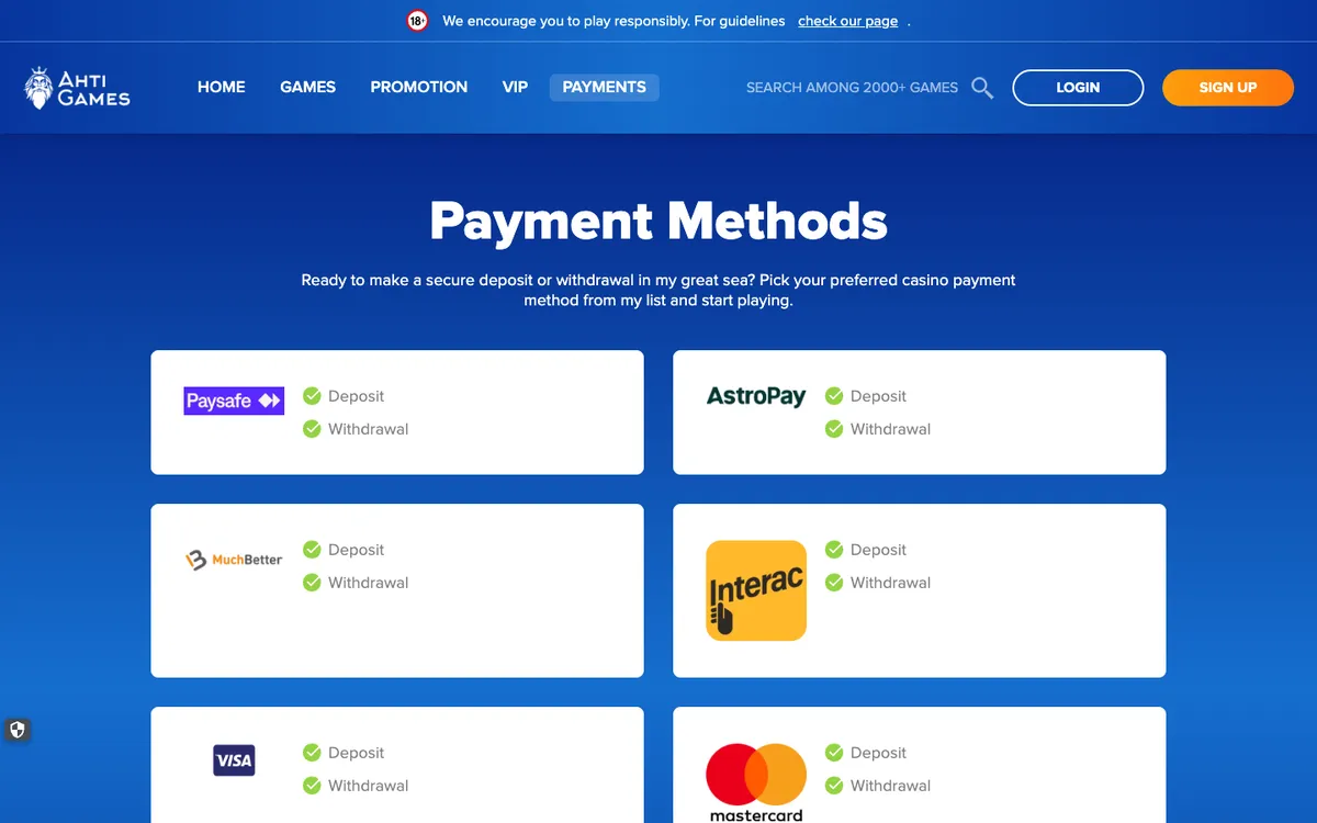 AHTI Games Casino — Payments, captured from Canada