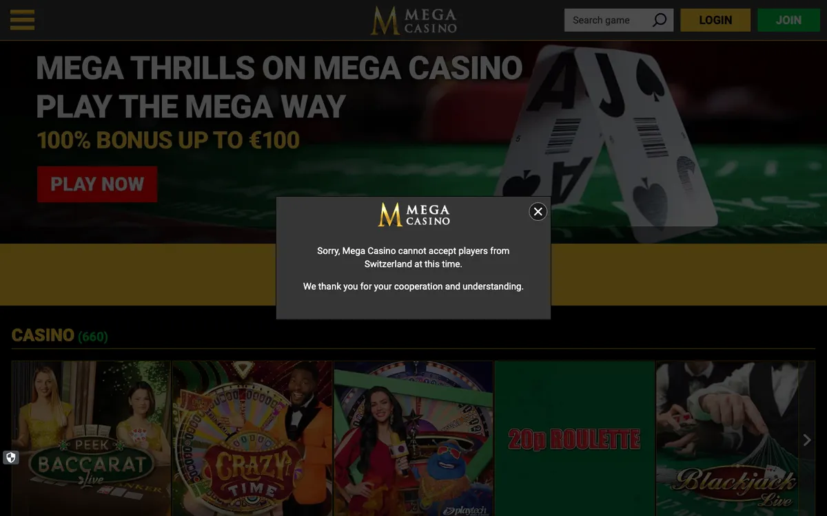 Mega Casino — «Регистрация», снято из страны Швейцария