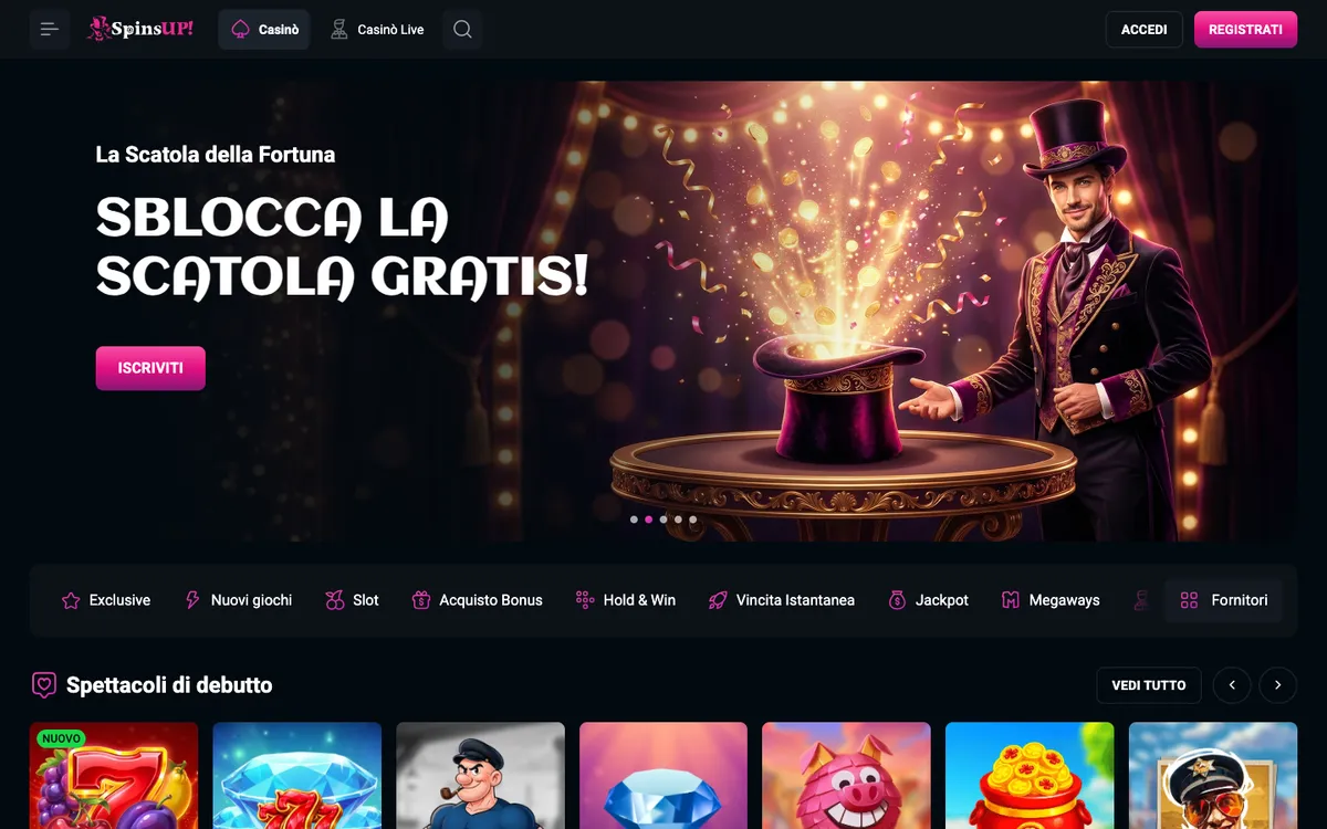 SpinsUP Casino — Home page, captured from Italy