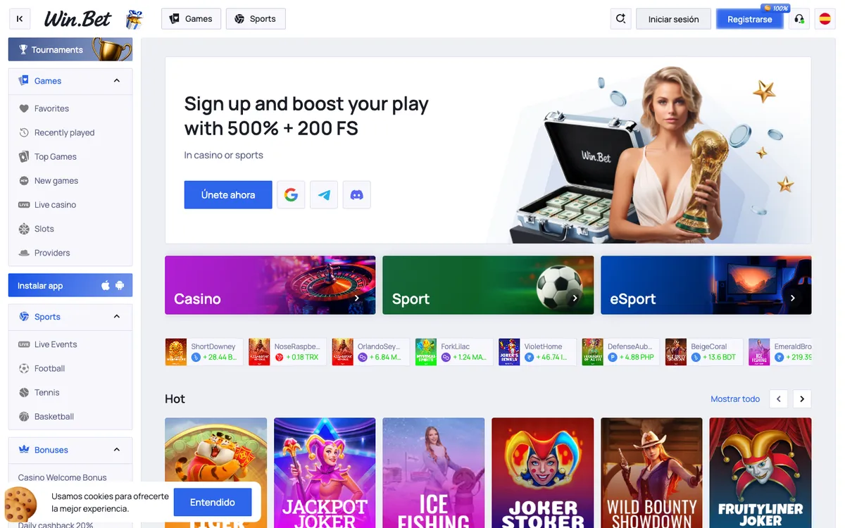 Win.Bet Casino — Home page, captured from Spain