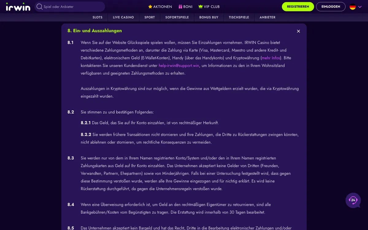 Irwin Casino — Payments, captured from Austria