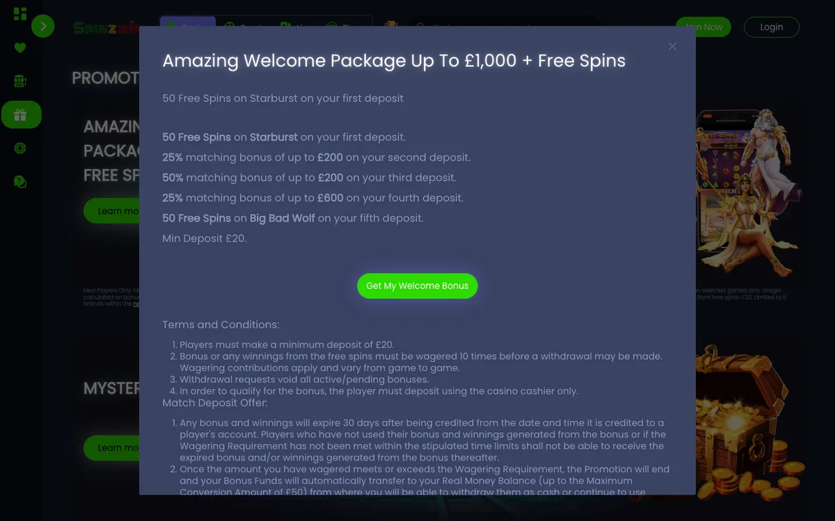 Spinzwin Casino — Promotions, captured from United Kingdom