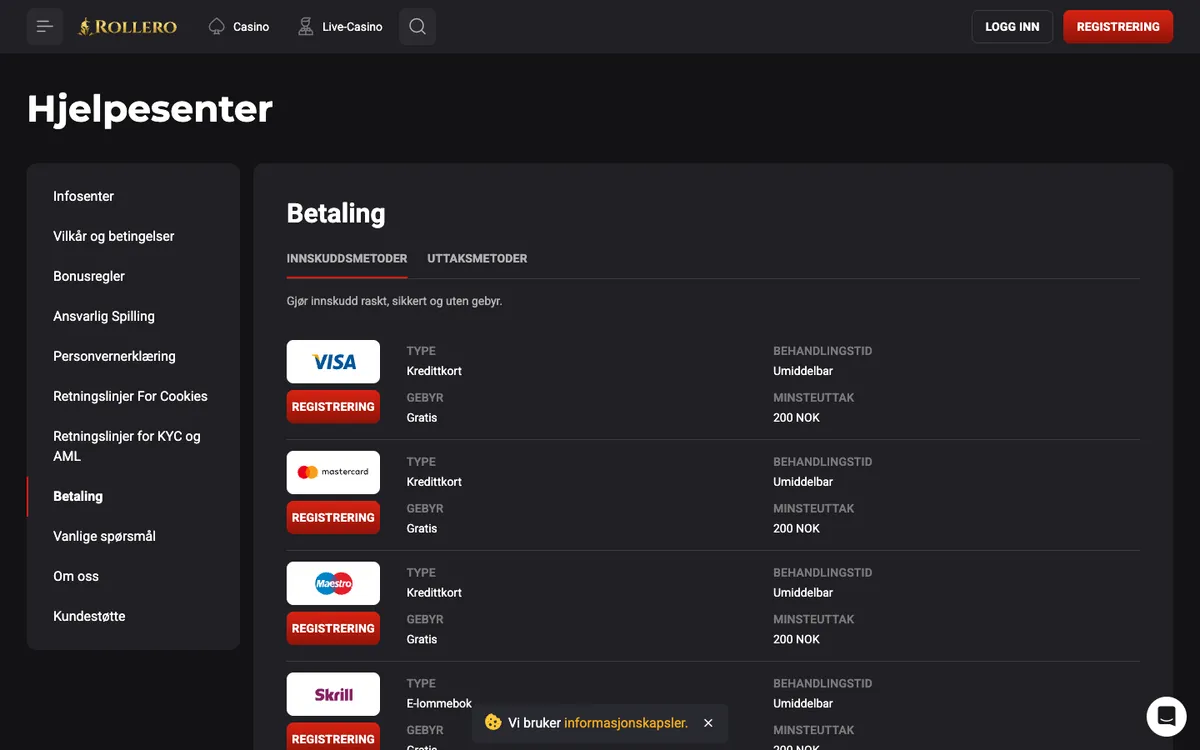 Rollero Casino — Payments, captured from Norway