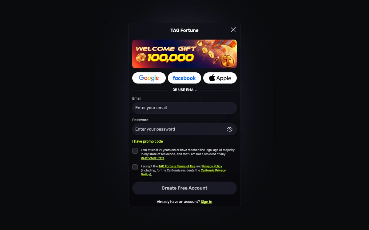 TaoFortune Casino — Sign-up, captured from United States