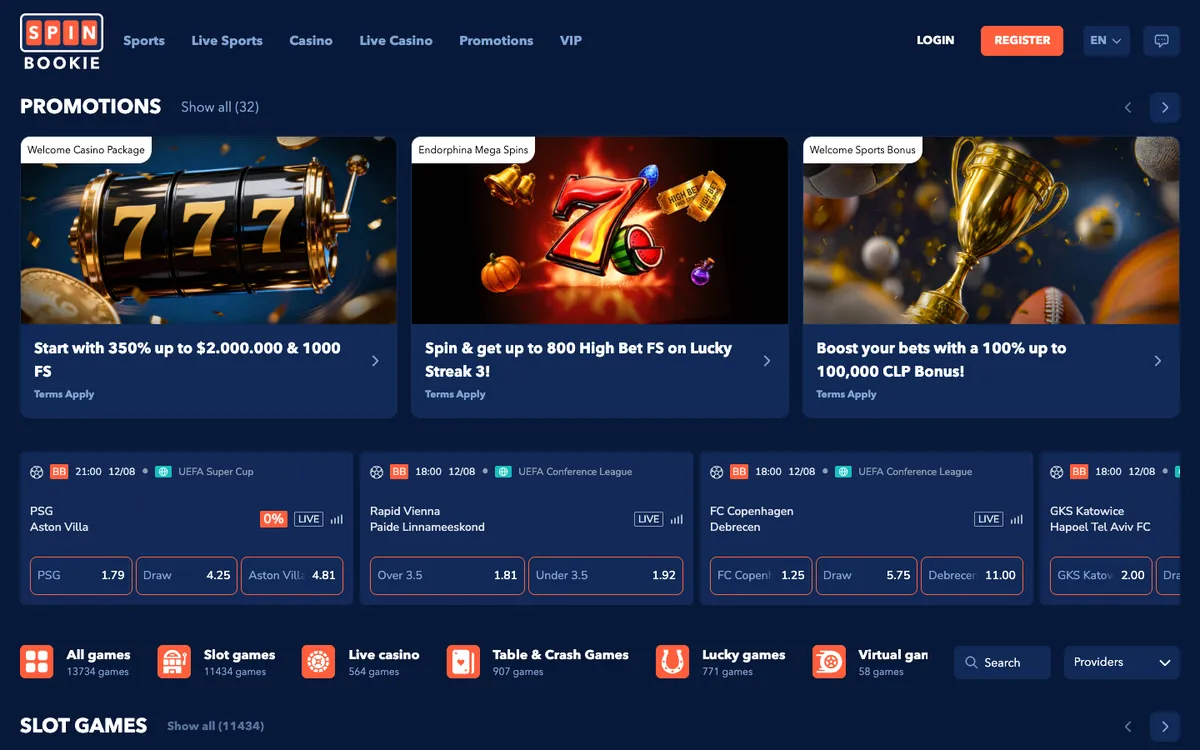 Spinbookie Casino — Home page, captured from Chile