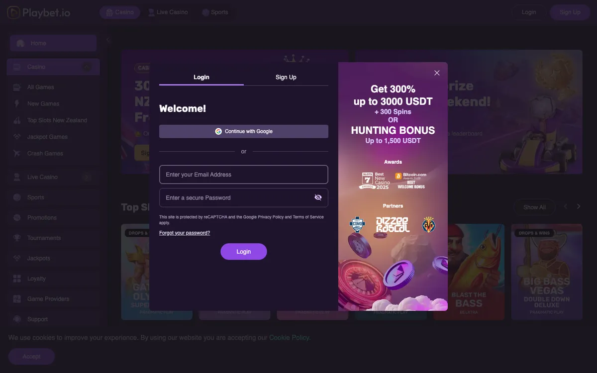 Playbet.io Casino — «Регистрация», снято из страны Новая Зеландия