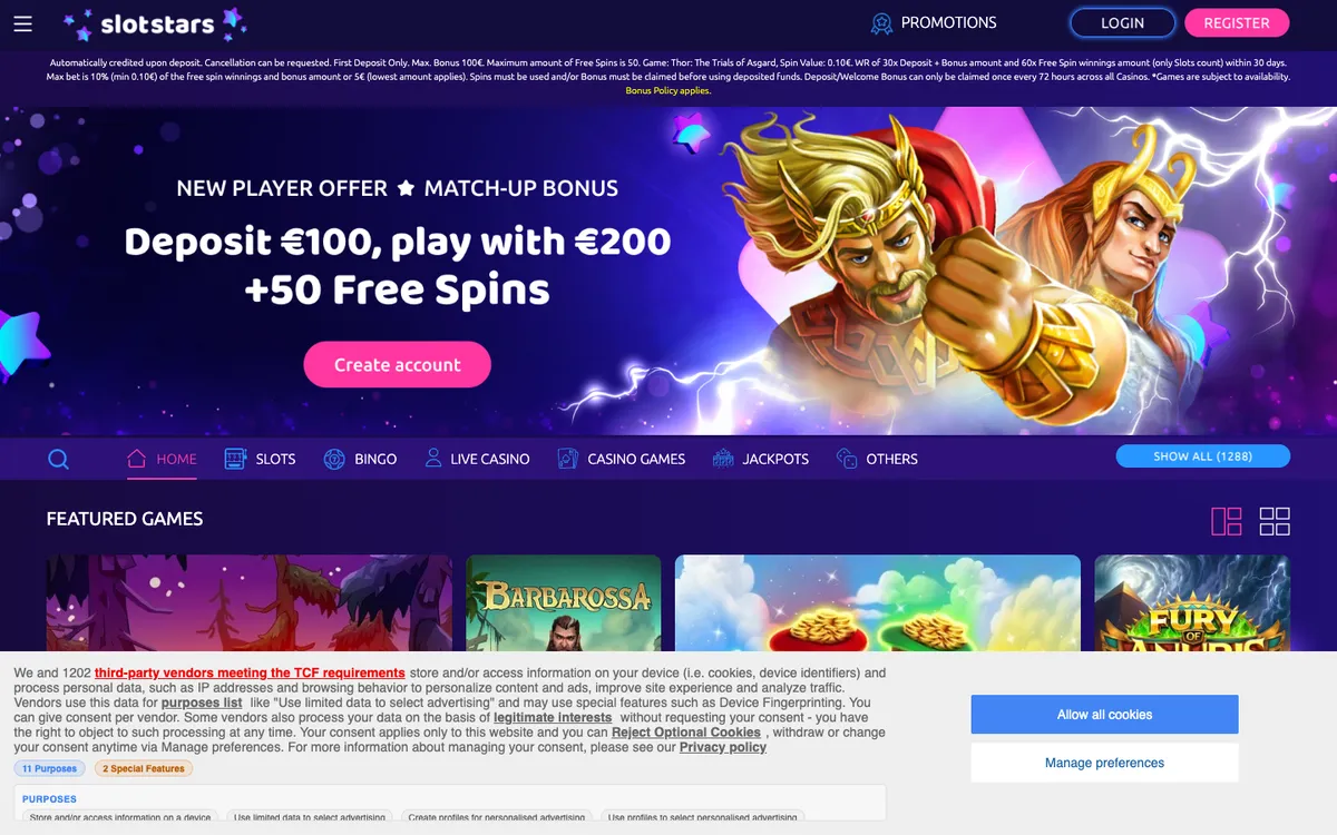 Slotstars Casino — Home page, captured from Australia