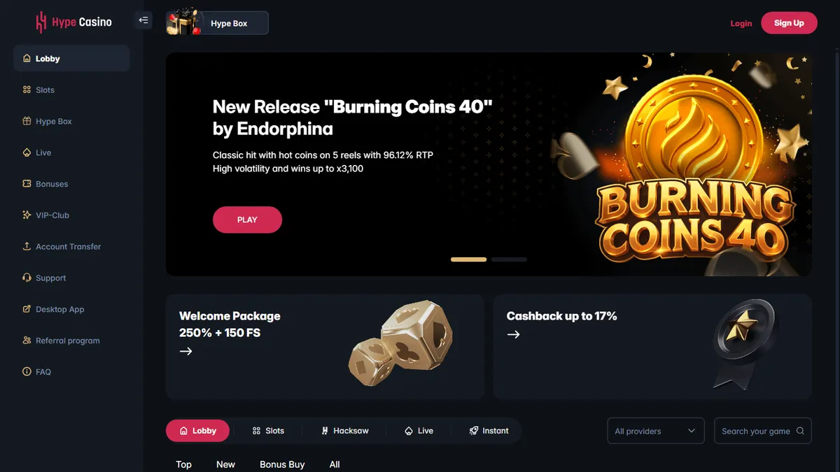 Снимок сайта Hype Casino