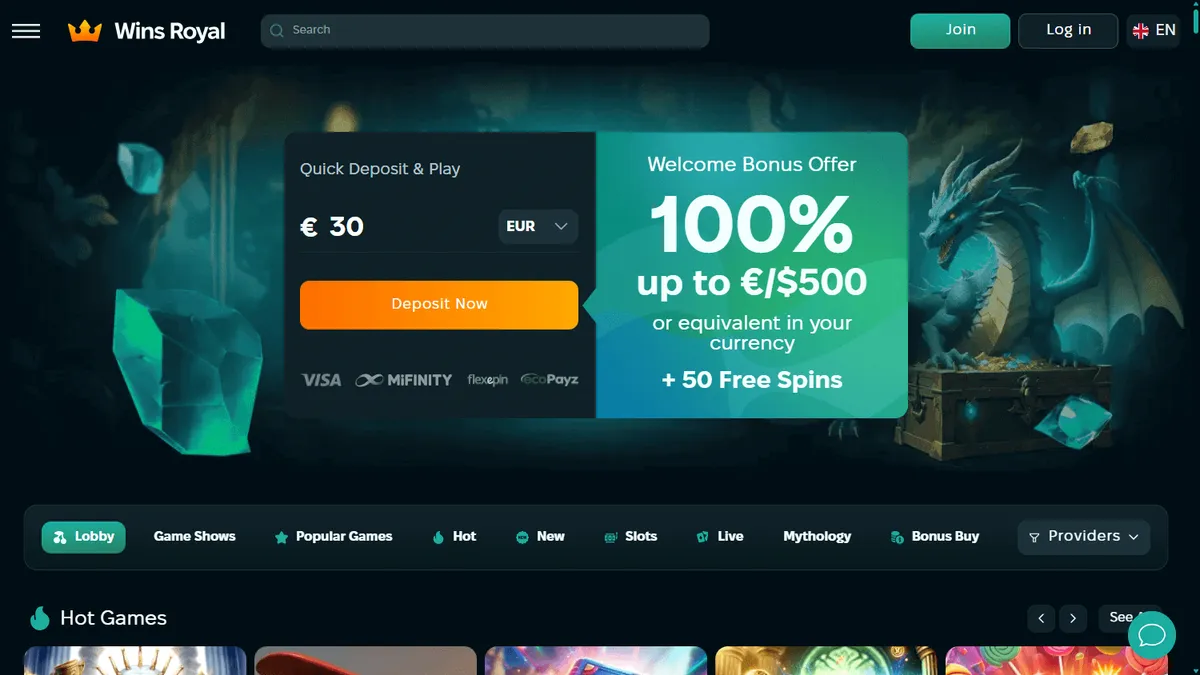 Capture of the Wins Royal Casino website
