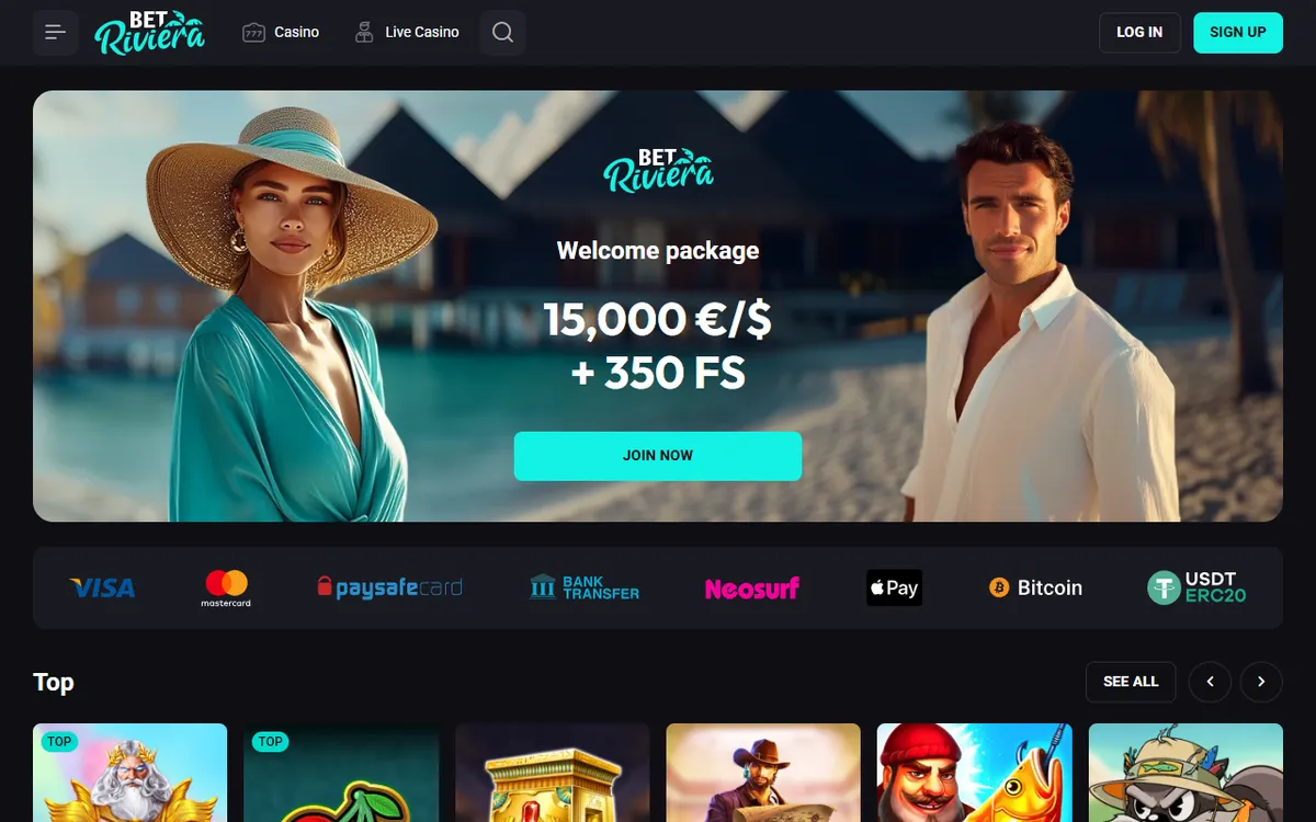 Снимок сайта BetRiviera Casino